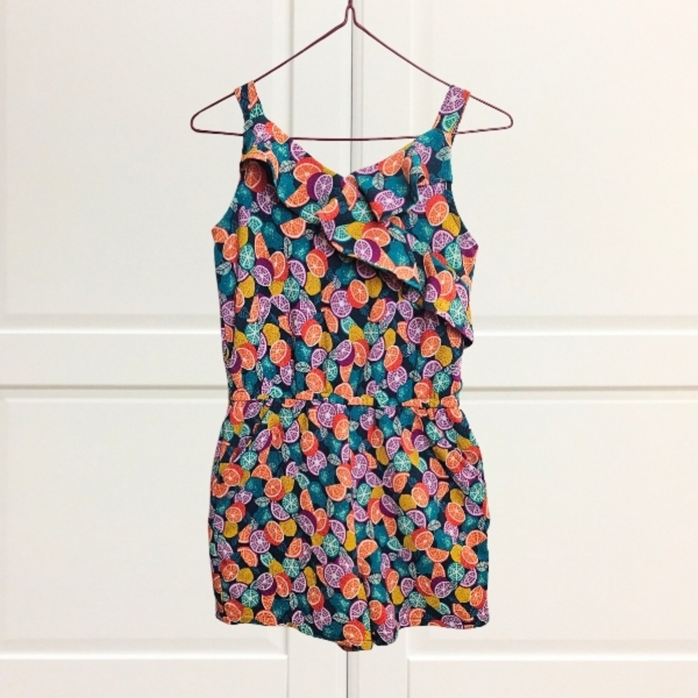 Girls Citrus Print Romper Shorts Ruffle Front Multicolor Spring Summer Outfit